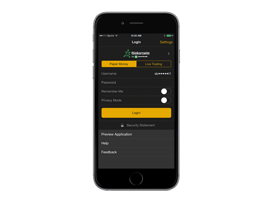 mobile phone with thinkorwim paperMoney log in screen